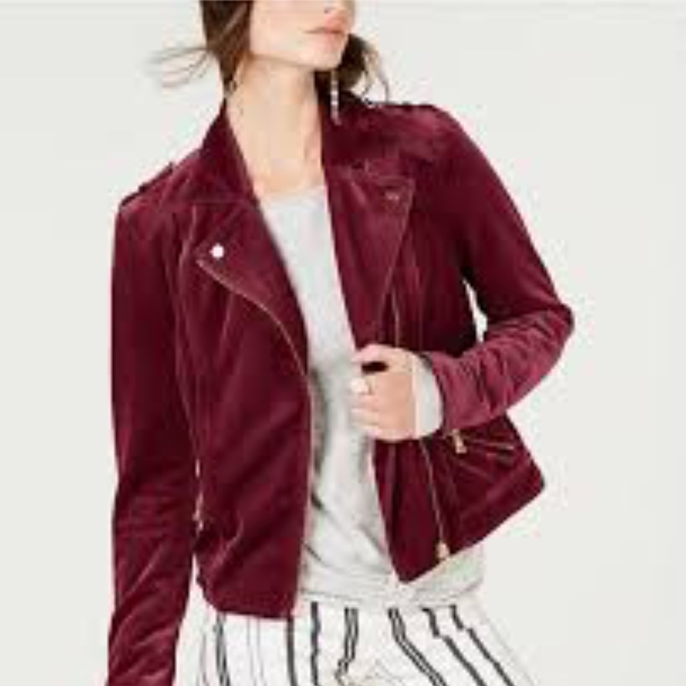 INC Burgundy Velvet Moto Jacket Size XS